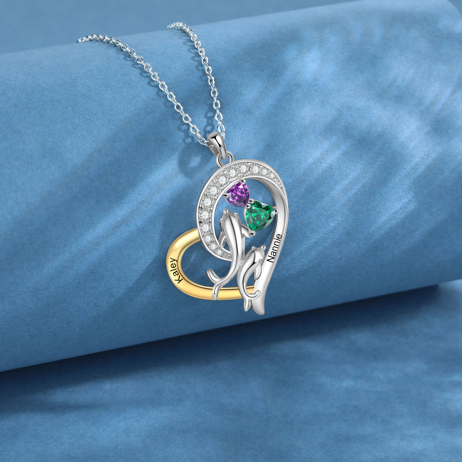 Personalized Dolphin Heart Necklace Custom 2 Birthstones and Names Pendant, Ideal Christmas Gift
