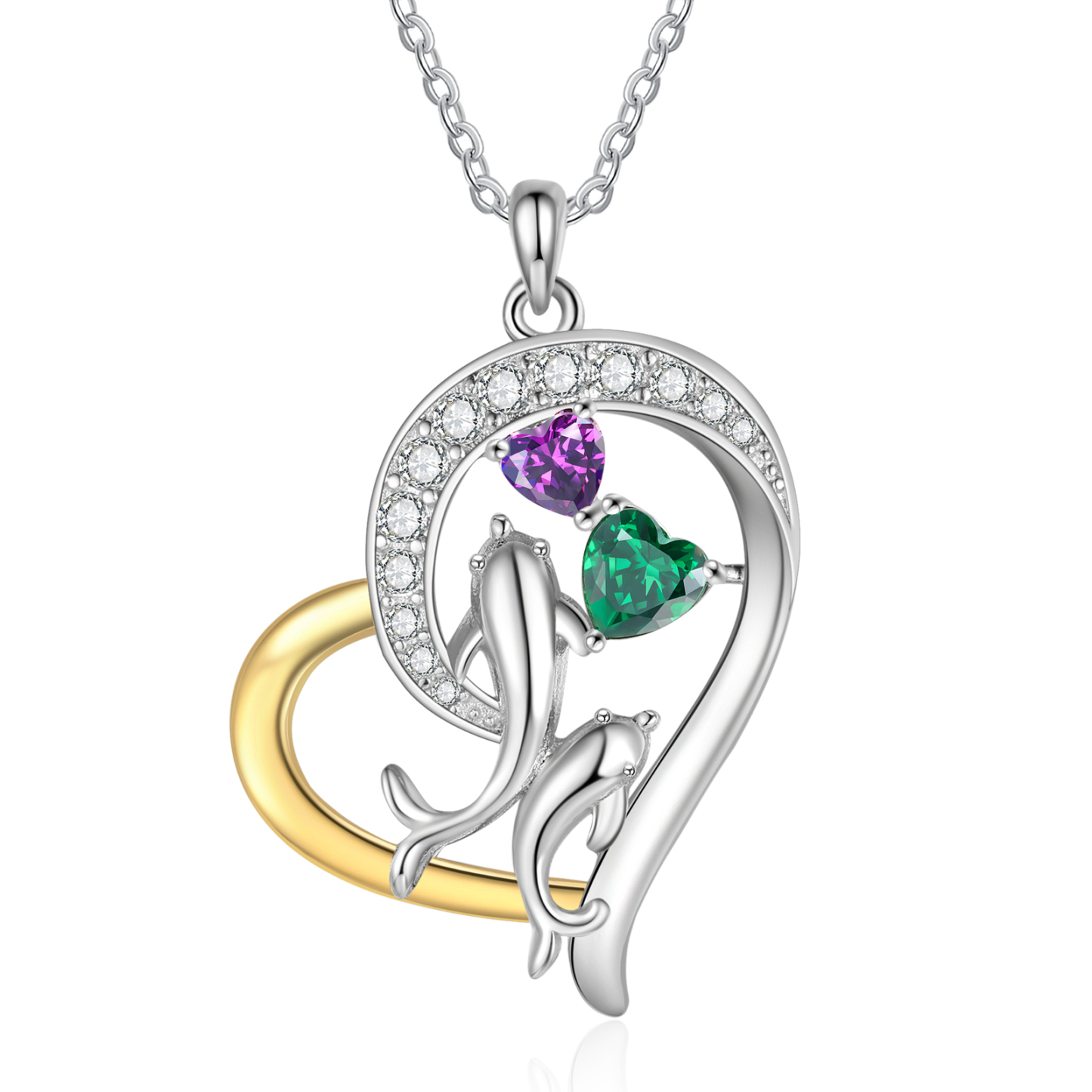 Personalized Dolphin Heart Necklace Custom 2 Birthstones and Names Pendant, Ideal Christmas Gift