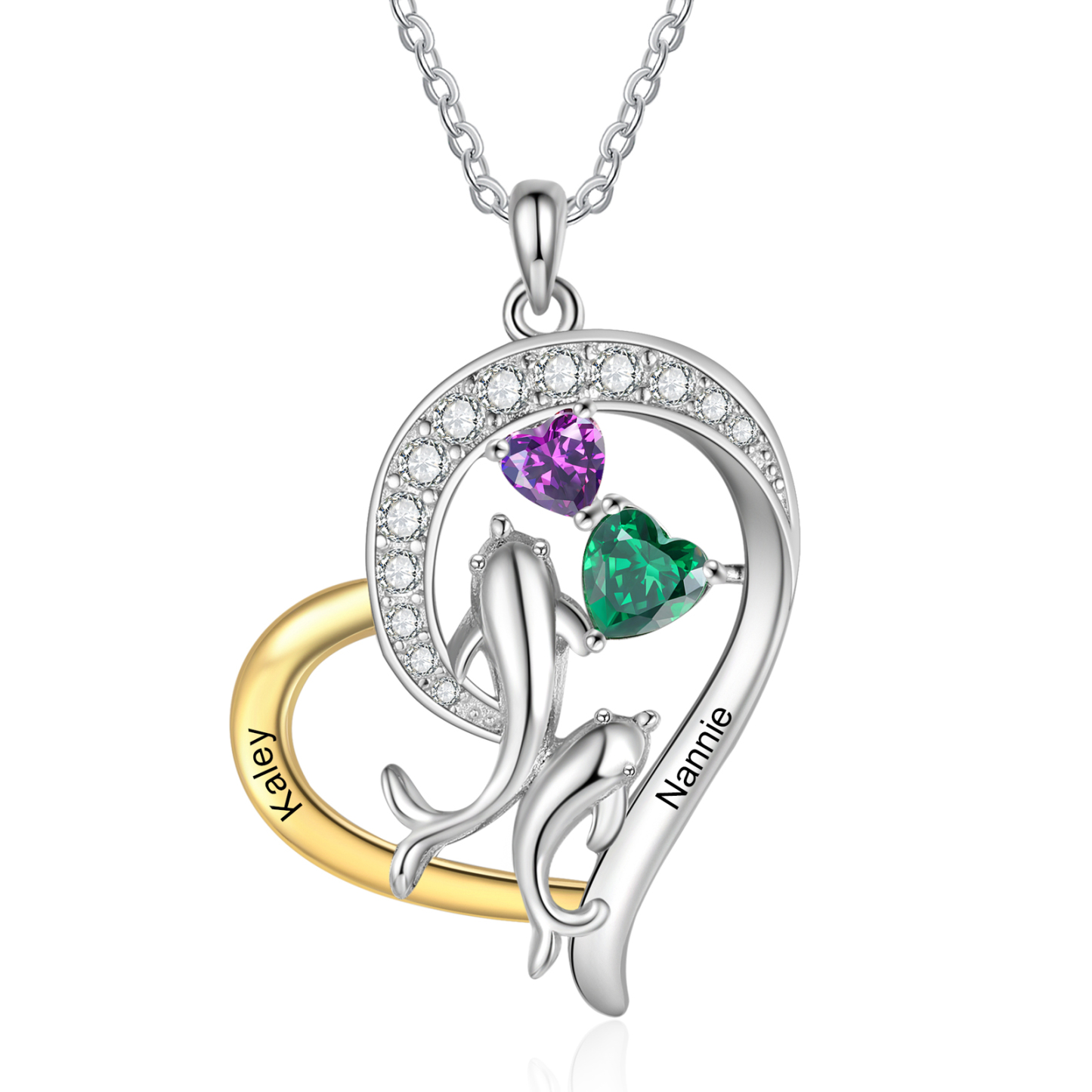 Personalized Dolphin Heart Necklace Custom 2 Birthstones and Names Pendant, Ideal Christmas Gift