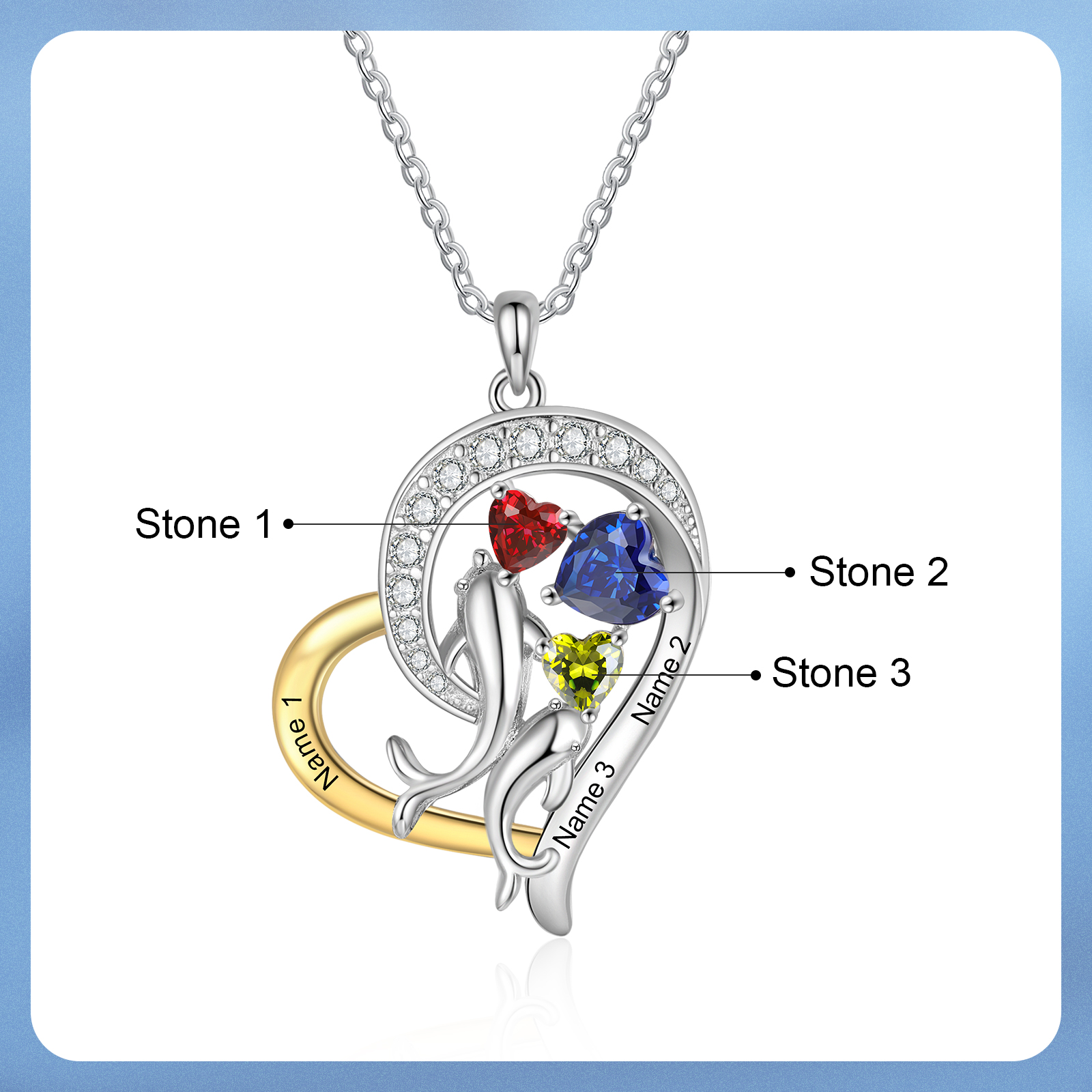 Personalized Heart-Shaped Necklace Custom 3 Birthstones and Names Jewelry Ideal Christmas Gift for Her