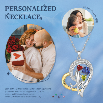 Personalized Heart-Shaped Necklace Custom 3 Birthstones and Names Jewelry Ideal Christmas Gift for Her