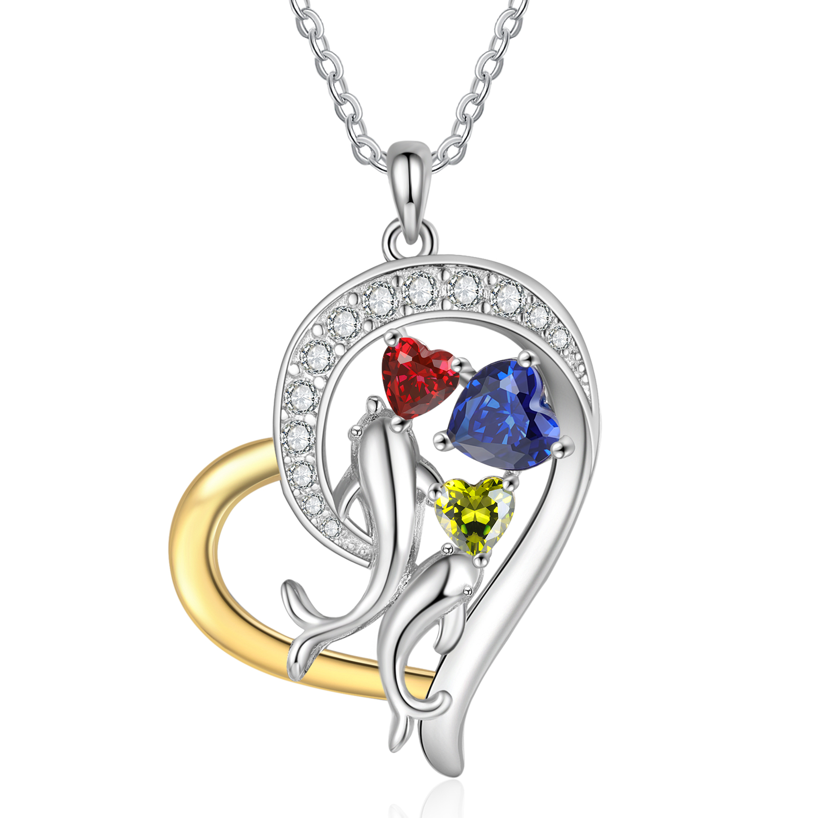 Personalized Heart-Shaped Necklace Custom 3 Birthstones and Names Jewelry Ideal Christmas Gift for Her