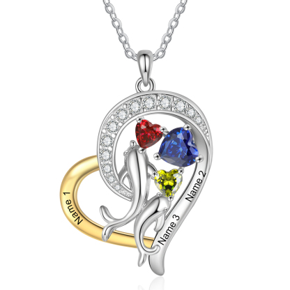 Personalized Heart-Shaped Necklace Custom 3 Birthstones and Names Jewelry Ideal Christmas Gift for Her