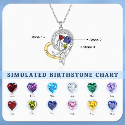 Personalized Heart-Shaped Necklace Custom 3 Birthstones and Names Jewelry Ideal Christmas Gift for Her