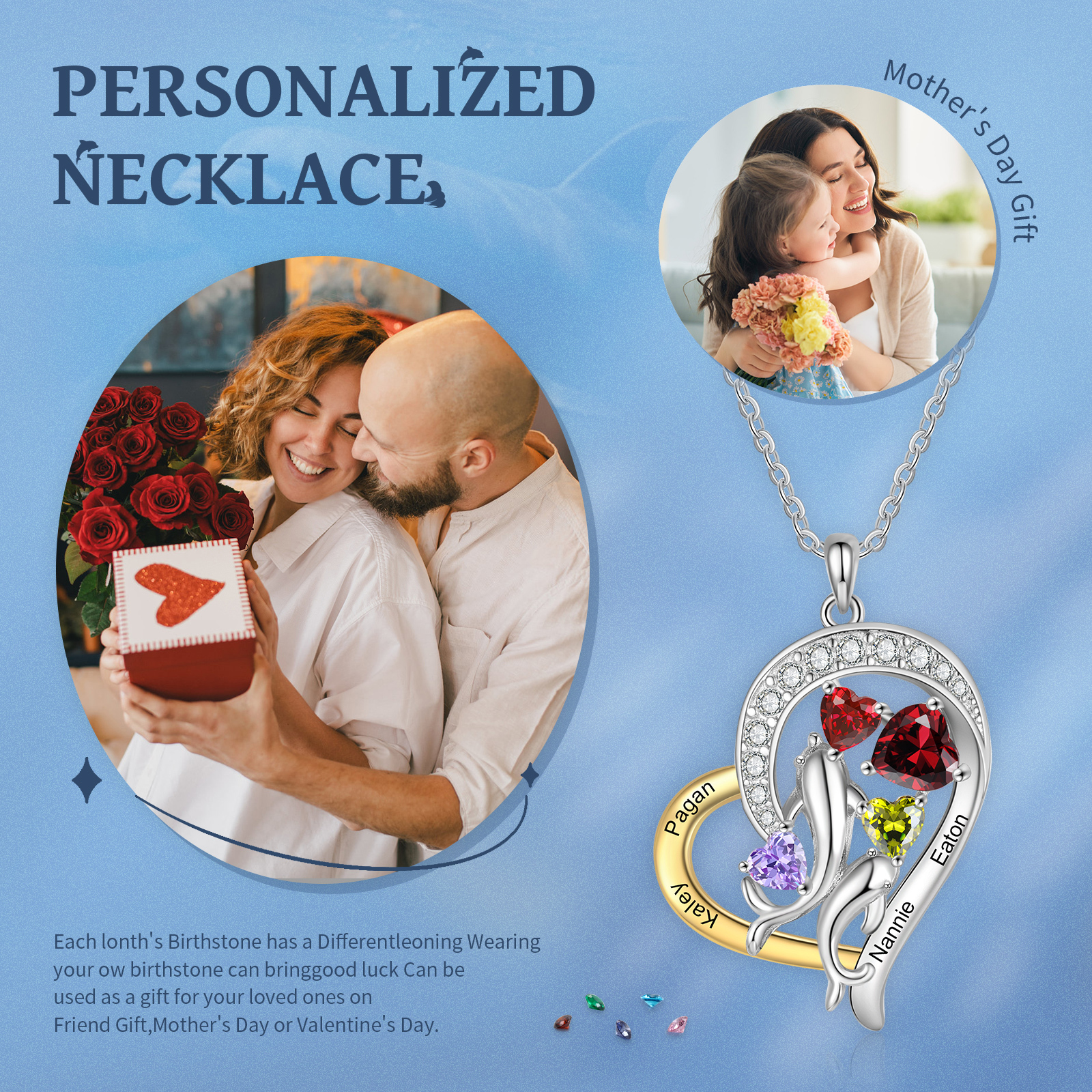 Personalized Heart Necklace Custom Birthstones & Names Pendant, Ideal Christmas Gift