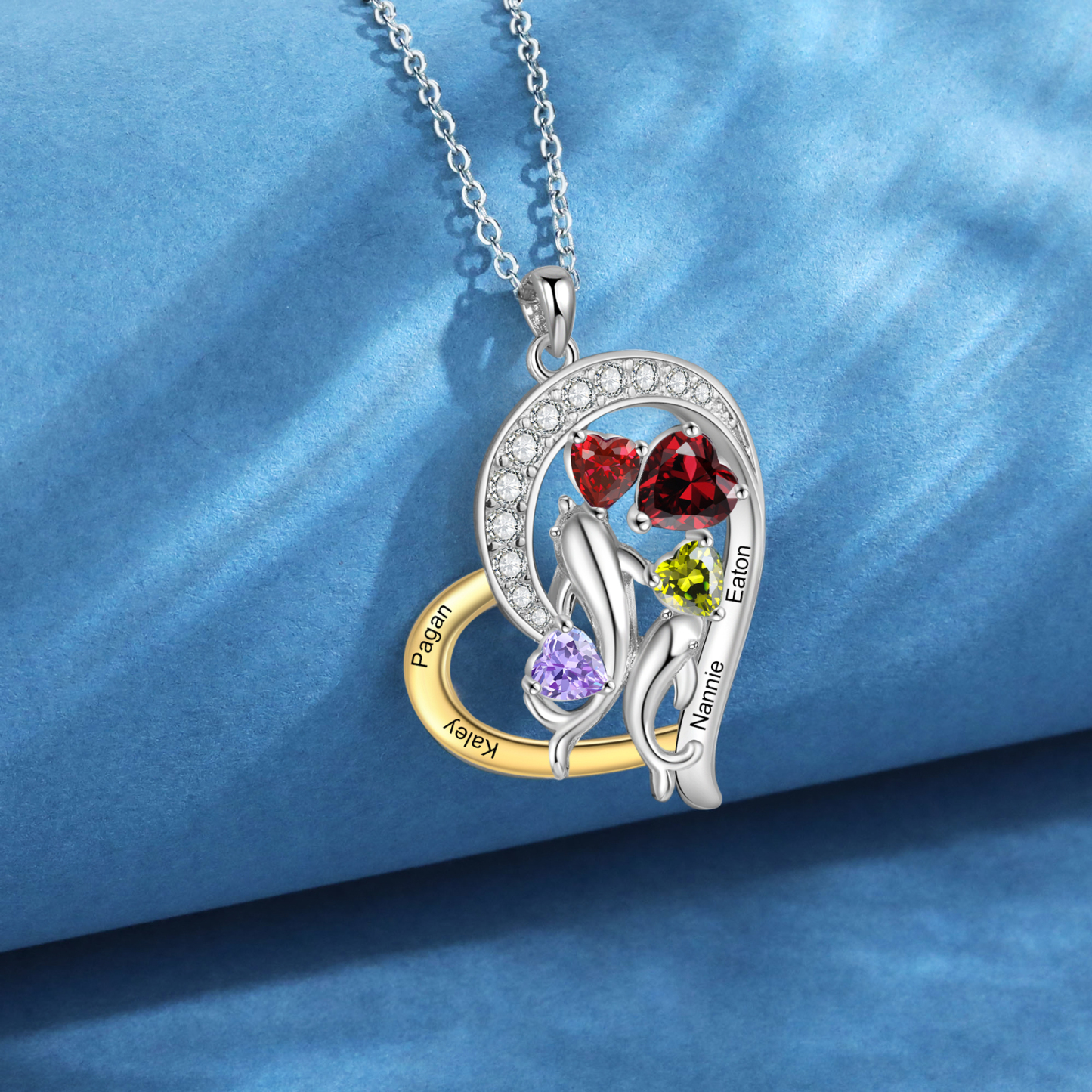 Personalized Heart Necklace Custom Birthstones & Names Pendant, Ideal Christmas Gift
