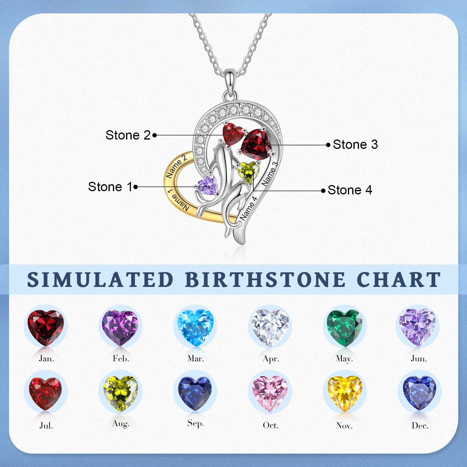 Personalized Heart Necklace Custom Birthstones & Names Pendant, Ideal Christmas Gift