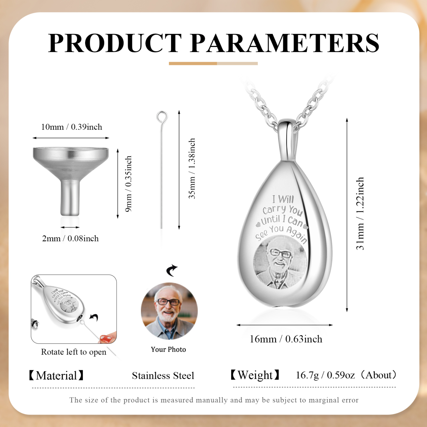 Personalized Memorial Ashes Necklace Custom Photo Commemorative Gifts - I Will Carry You Until I See You Again