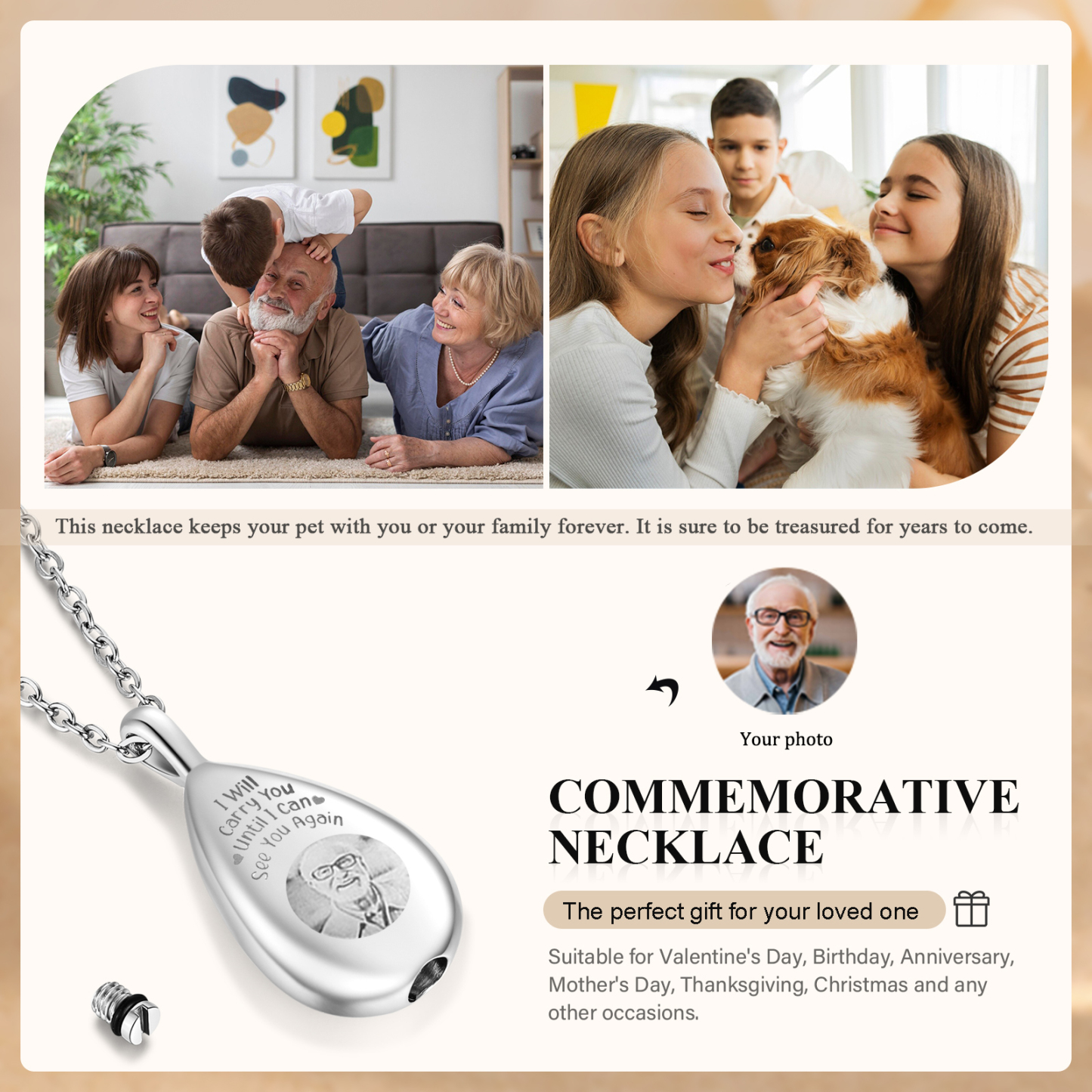 Personalized Memorial Ashes Necklace Custom Photo Commemorative Gifts - I Will Carry You Until I See You Again