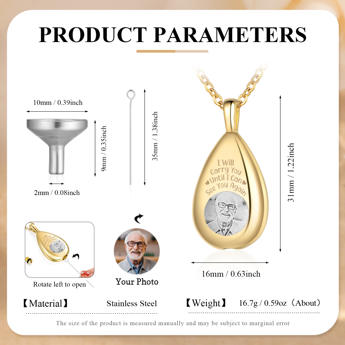 Personalized Memorial Ashes Necklace Custom Photo Commemorative Gifts - I Will Carry You Until I See You Again