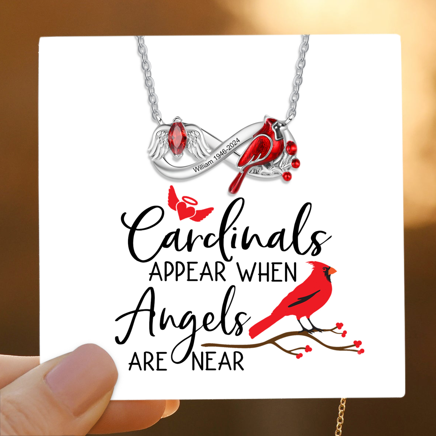 Personalized Cardinal Bird Necklace with Angel Wing 1 Birthstone & Name Comes with Card and Gift Box