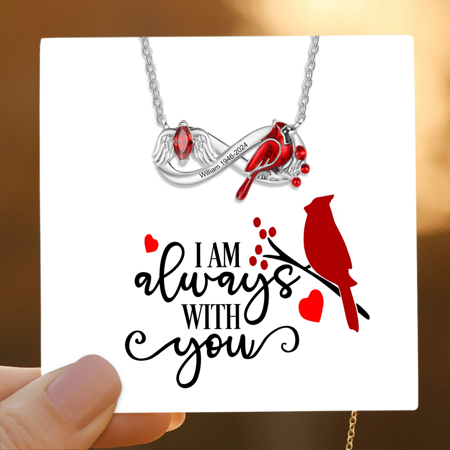Personalized Cardinal Bird Necklace with Angel Wing 1 Birthstone & Name Comes with Card and Gift Box