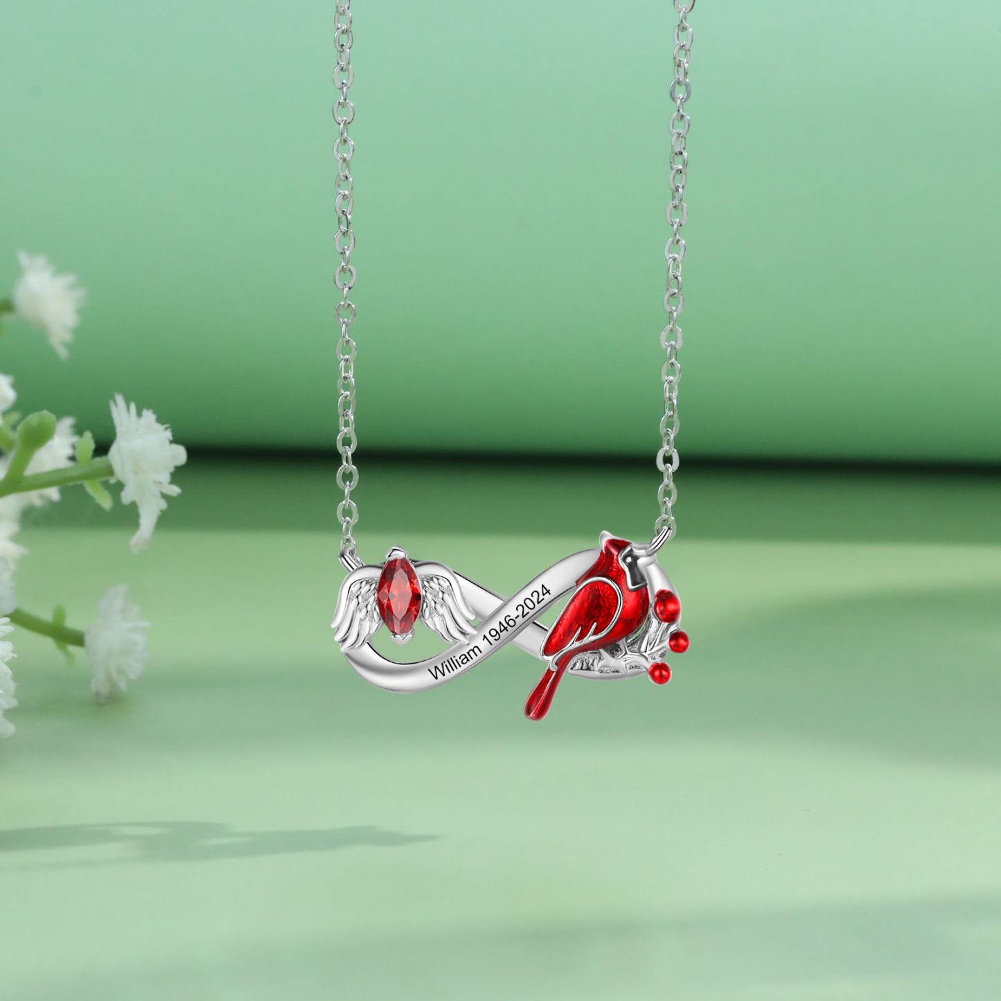 Personalized Cardinal Bird Necklace with Angel Wing 1 Birthstone & Name Comes with Card and Gift Box