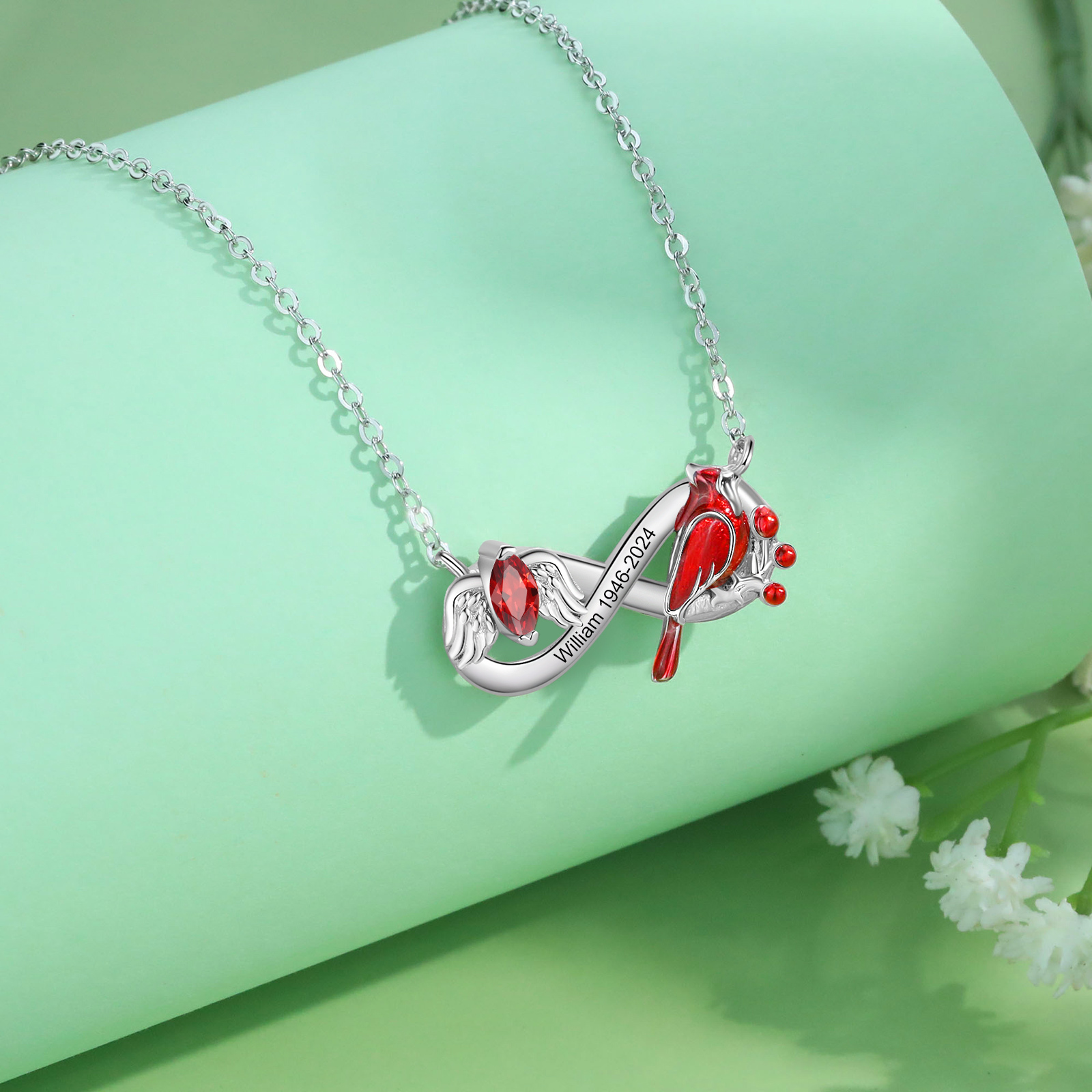 Personalized Cardinal Bird Necklace with Angel Wing 1 Birthstone & Name Comes with Card and Gift Box