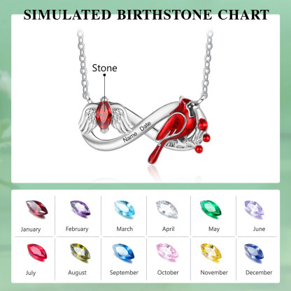 Personalized Cardinal Bird Necklace with Angel Wing 1 Birthstone & Name Comes with Card and Gift Box