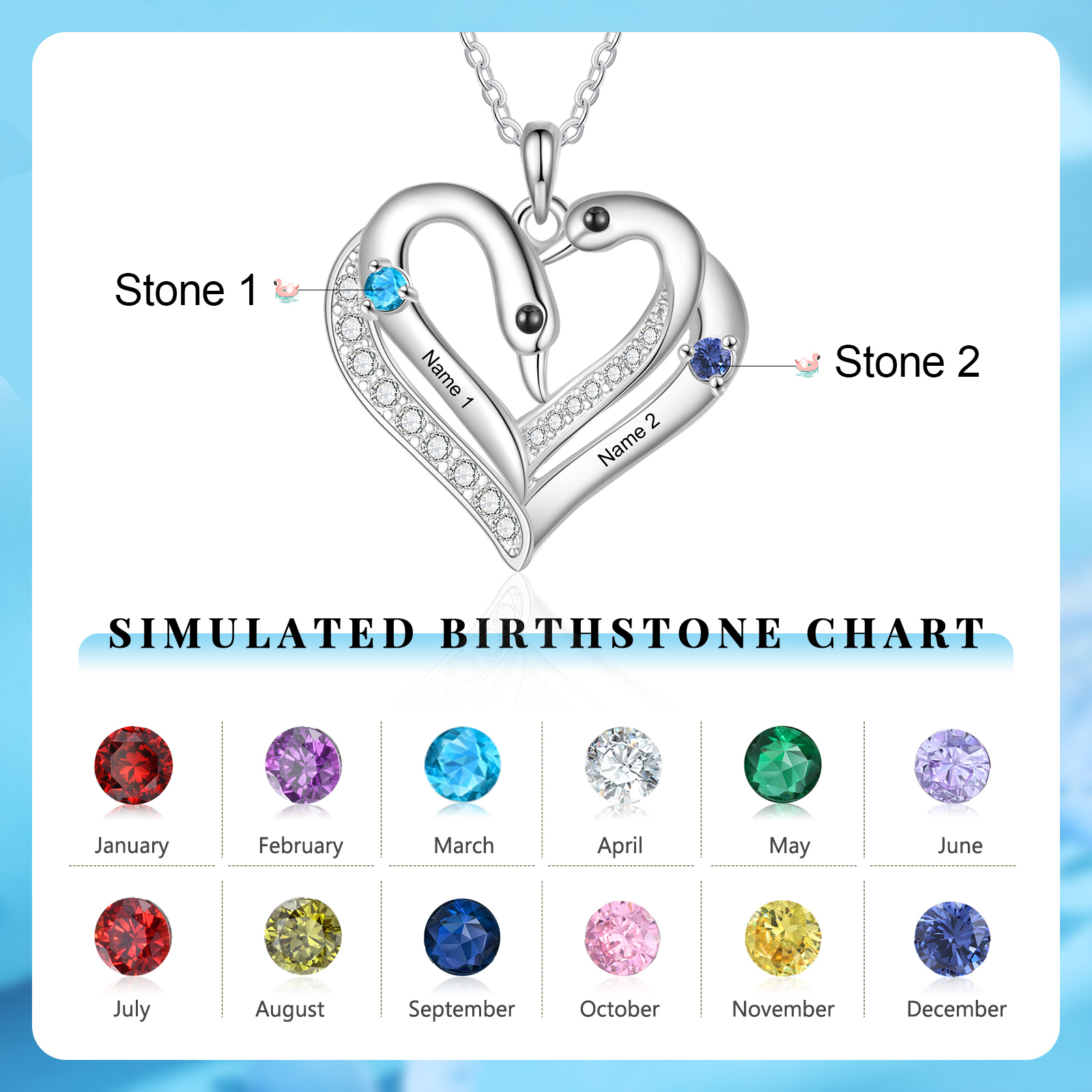 Personalized Heart-Shaped Birthstone Necklace Customize 2 or3 or 4 Names Thoughtful Gift for Her