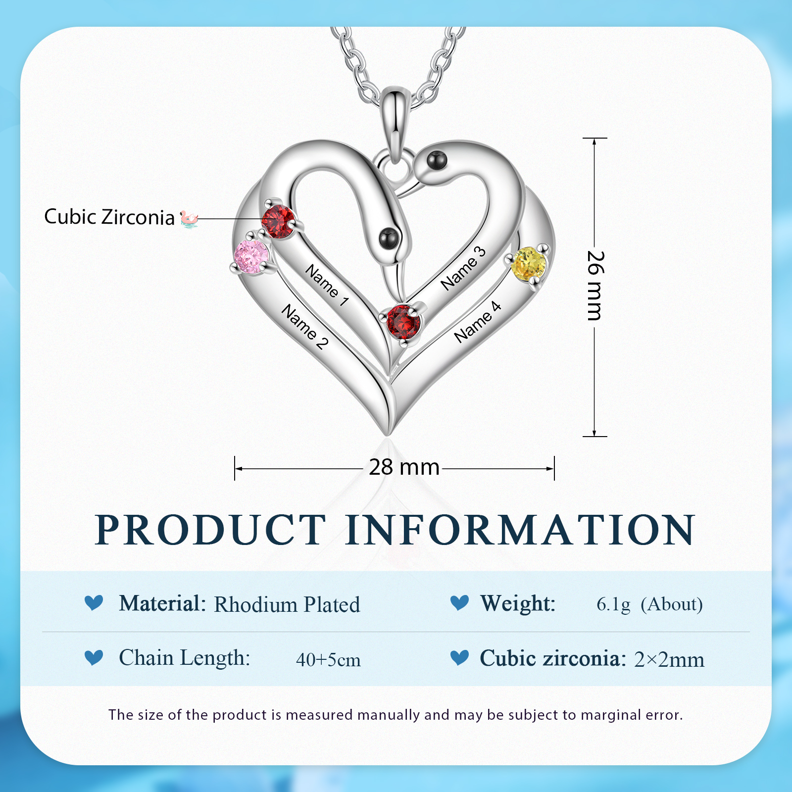 Personalized Heart-Shaped Birthstone Necklace Customize 2 or3 or 4 Names Thoughtful Gift for Her