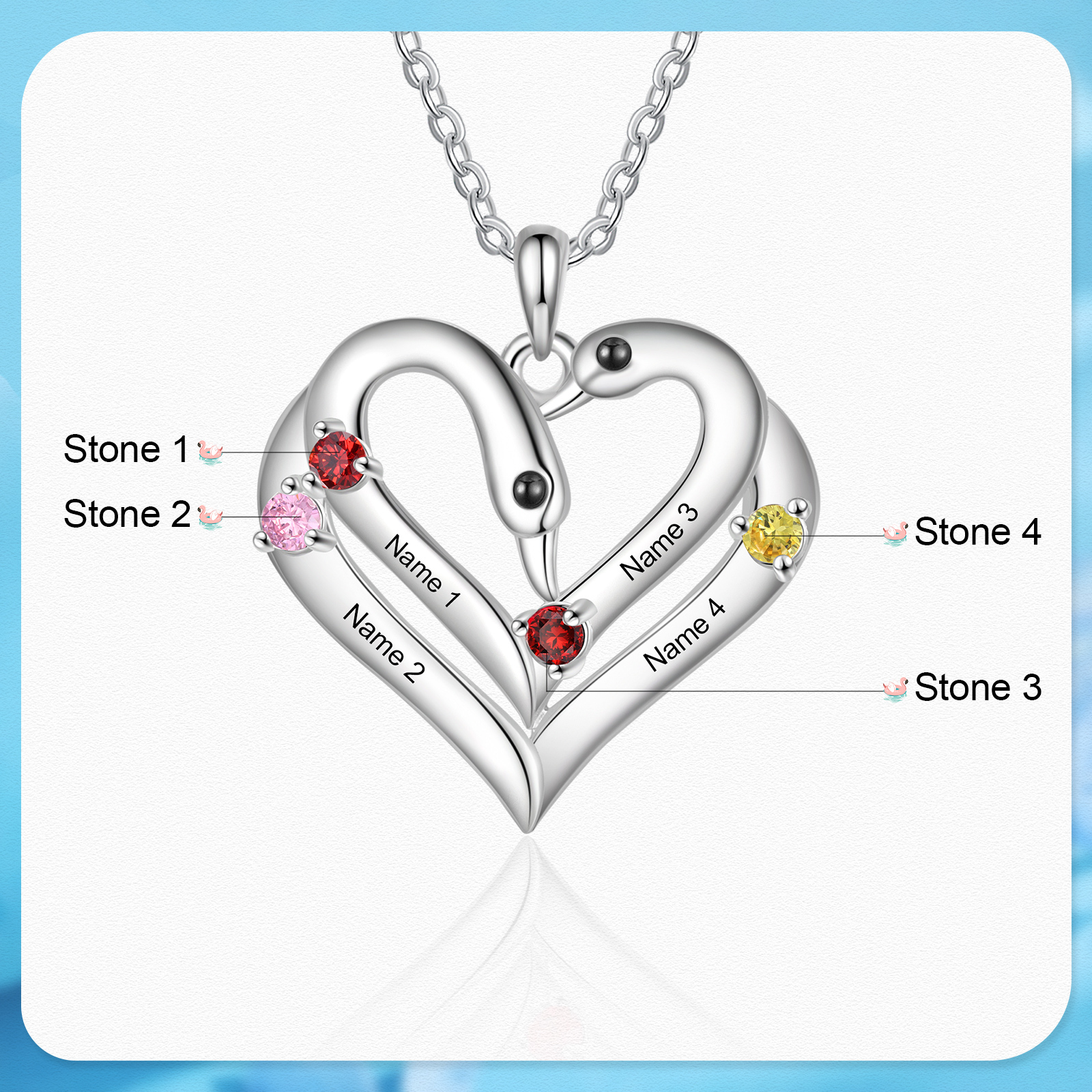 Personalized Heart-Shaped Birthstone Necklace Customize 2 or3 or 4 Names Thoughtful Gift for Her