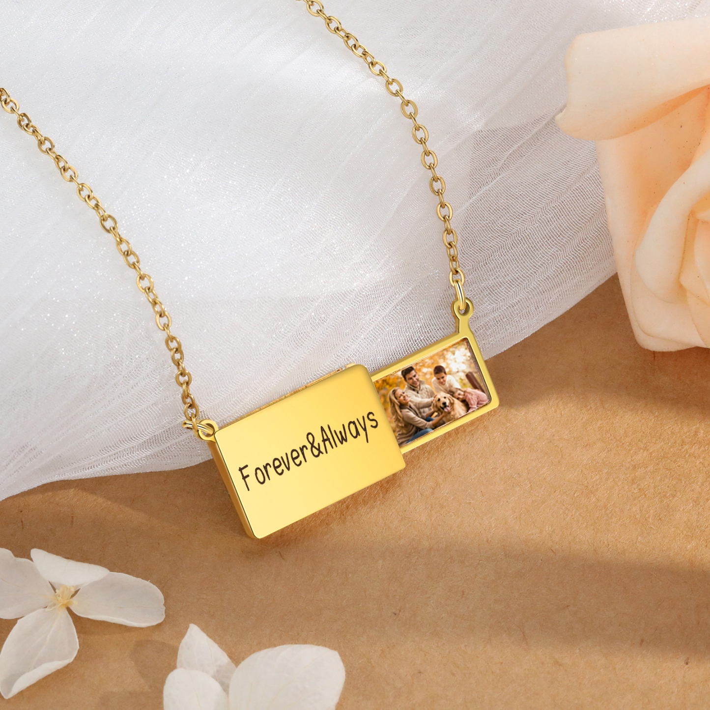 Forever & Always Personalized Hidden Photo Locket Necklace Envelope Style Photo Necklace for Her