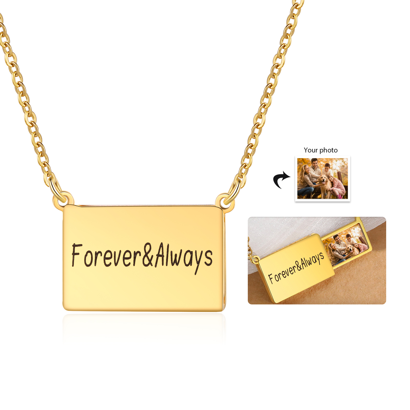 Forever & Always Personalized Hidden Photo Locket Necklace Envelope Style Photo Necklace for Her