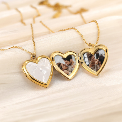 Personalized Heart Shaped Locket Necklace for Women with 2 Photos and 1 Custom Text