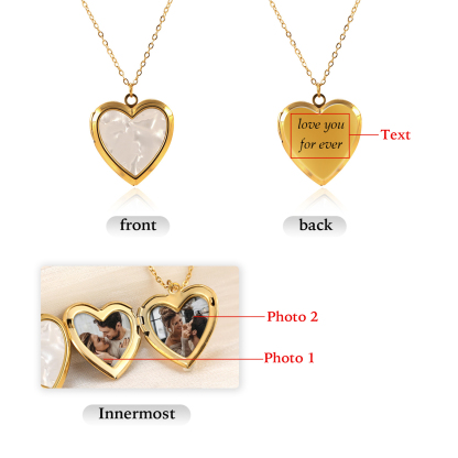 Personalized Heart Shaped Locket Necklace for Women with 2 Photos and 1 Custom Text