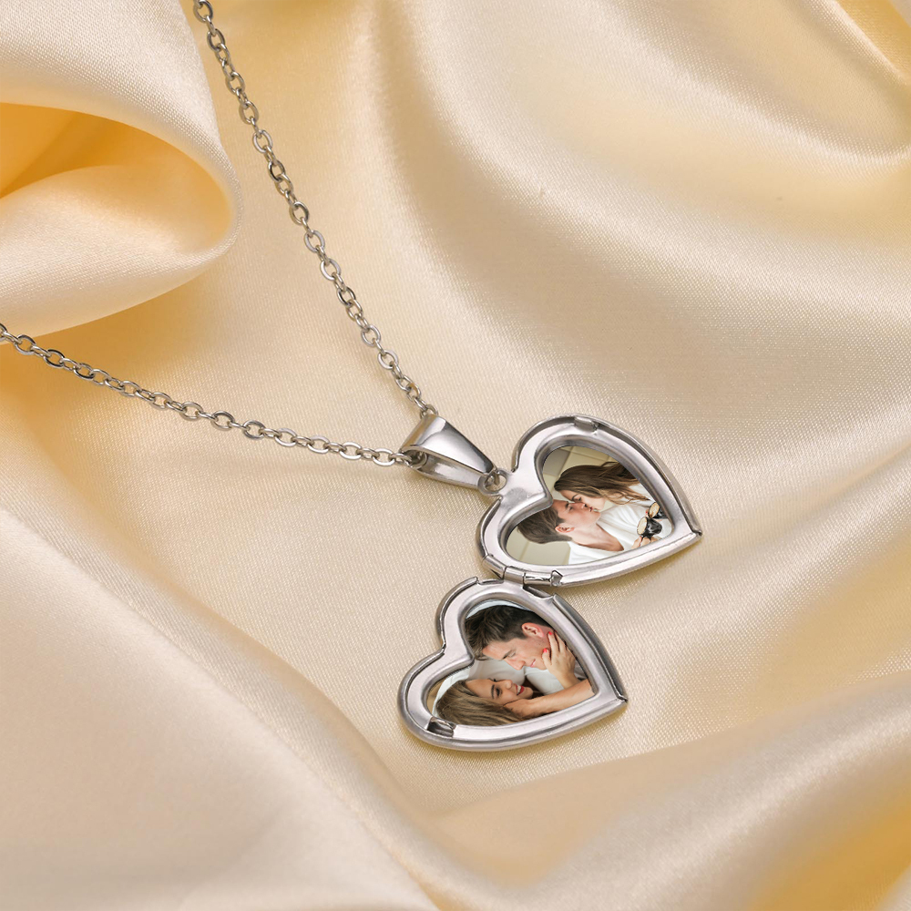Personalized Heart Shaped Locket Necklace for Women Custom with 2 Photos and 1 Text