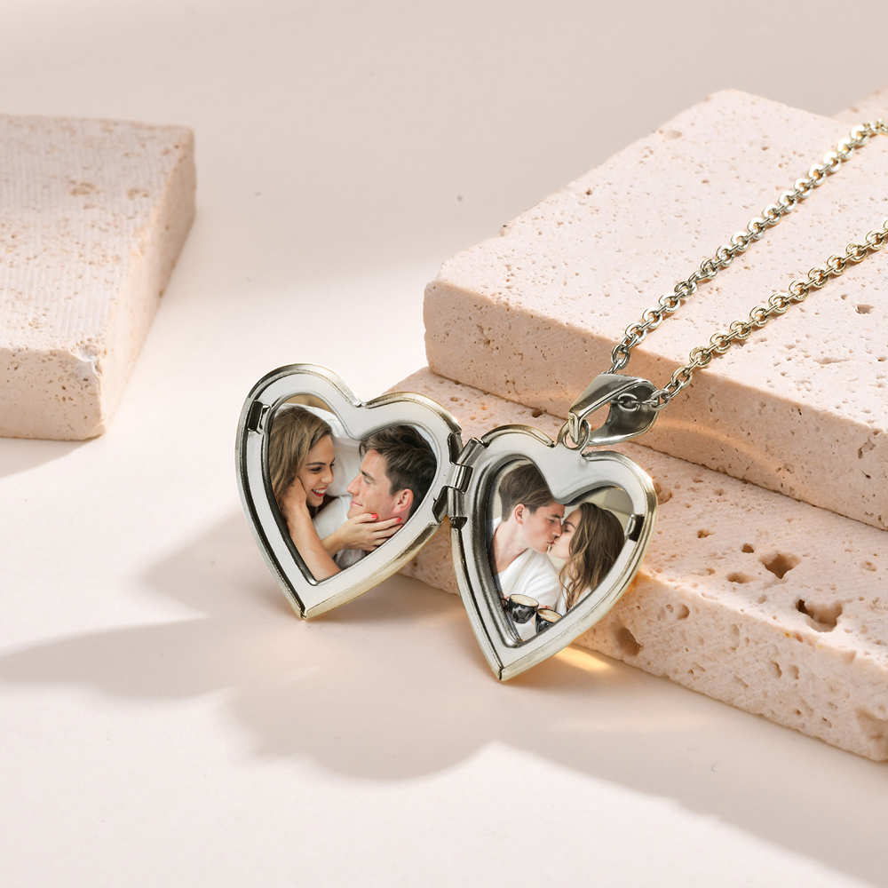 Personalized Heart Shaped Locket Necklace for Women Custom with 2 Photos and 1 Text
