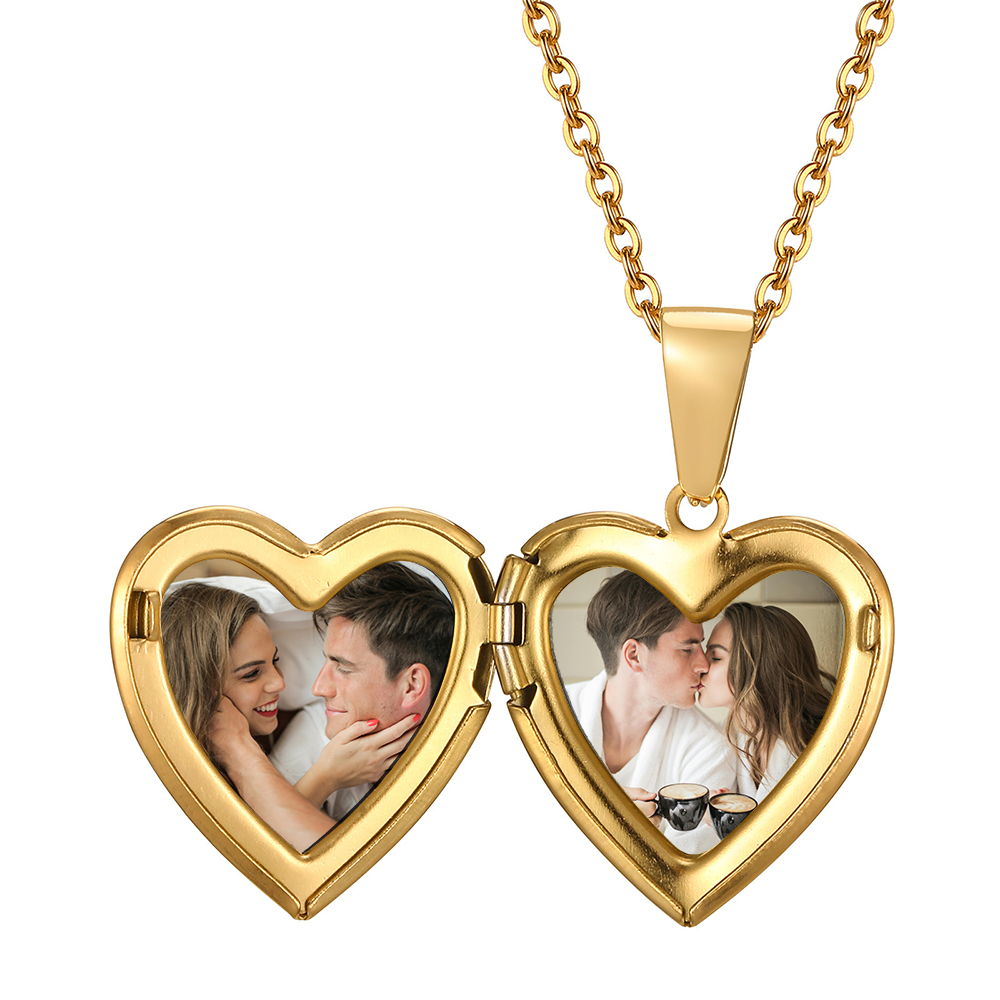 Personalized Heart Shaped Locket Necklace for Women Custom with 2 Photos and 1 Text