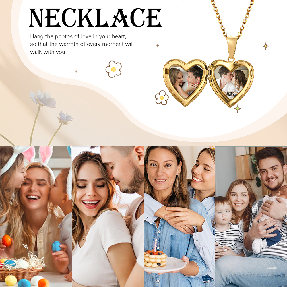 Personalized Heart Shaped Locket Necklace for Women Custom with 2 Photos and 1 Text