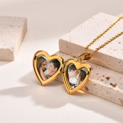 Personalized Heart Shaped Locket Necklace for Women Custom with 2 Photos and 1 Text