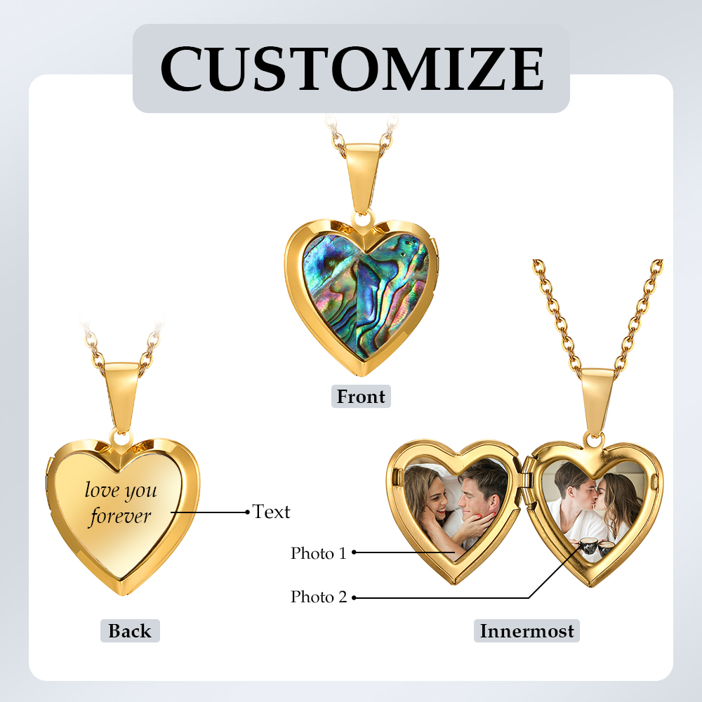 Personalized Heart Shaped Locket Necklace for Women Custom with 2 Photos and 1 Text