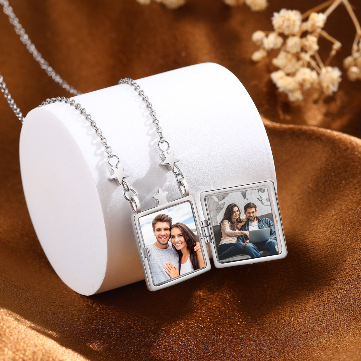 Personalized Opal Galaxy Star Moon Photo Locket Necklace for Women 2 Photo Custom Pendant Gift