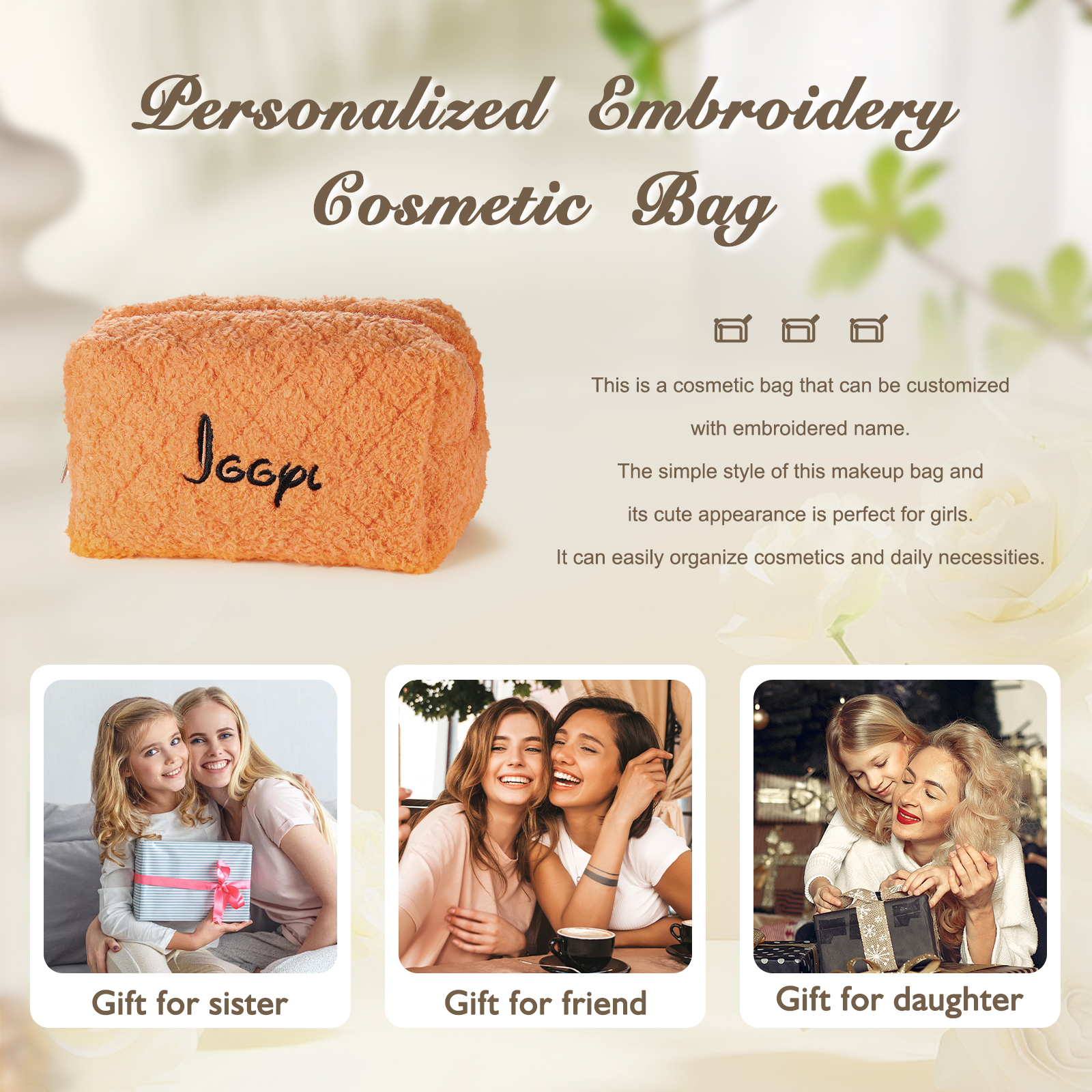 Personalized Embroidered Makeup Bag Bridesmaid Cosmetic Bag Leather Toiletry Bag Christmas Gift Bridesmaid Gift Bridal Shower Gift