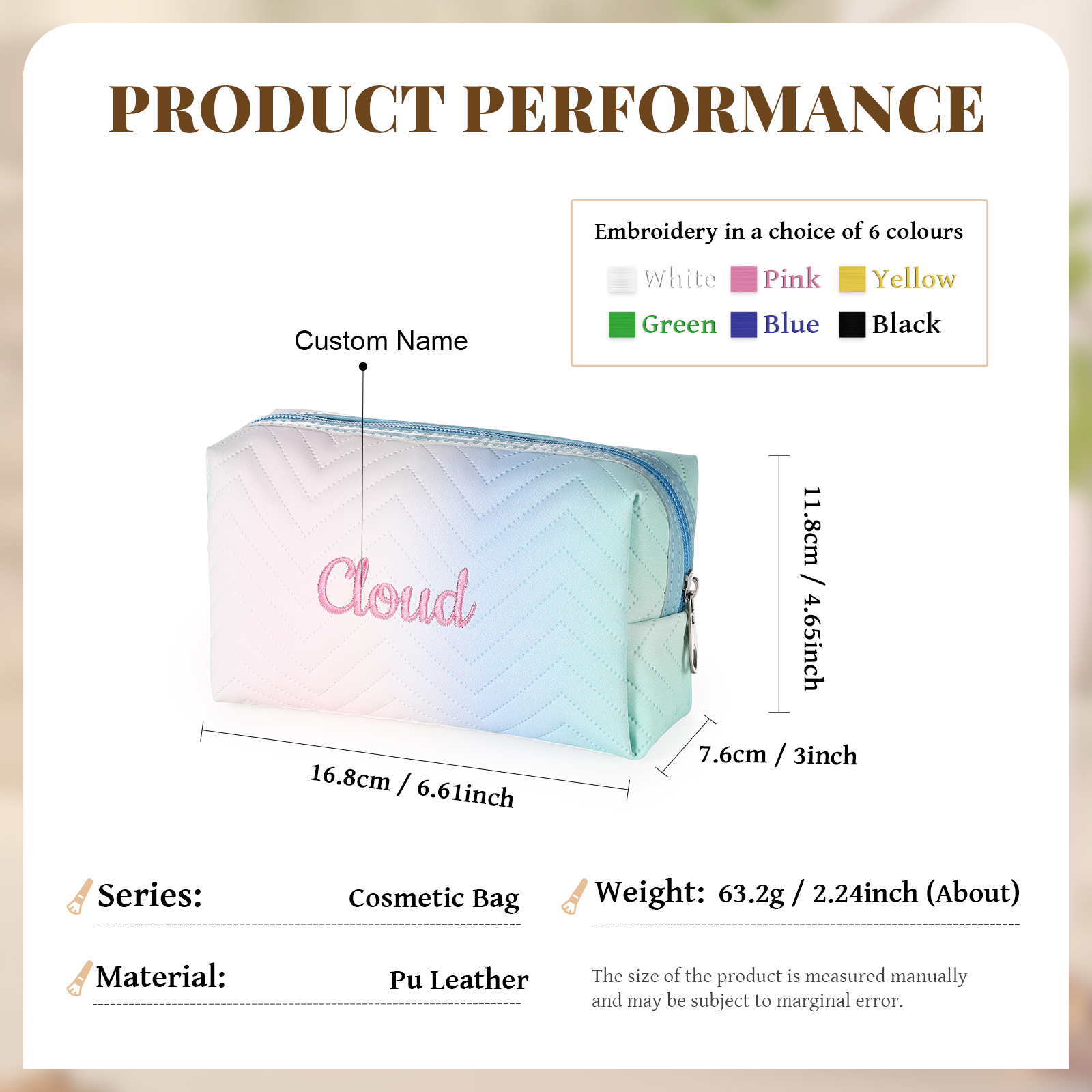 Personalized Embroidered Makeup Bag Teen Girls Small Travel Makeup Bag Zipper Bag Cosmetic Bag Waterproof Cute Rainbow Pink Gradient Makeup Bag