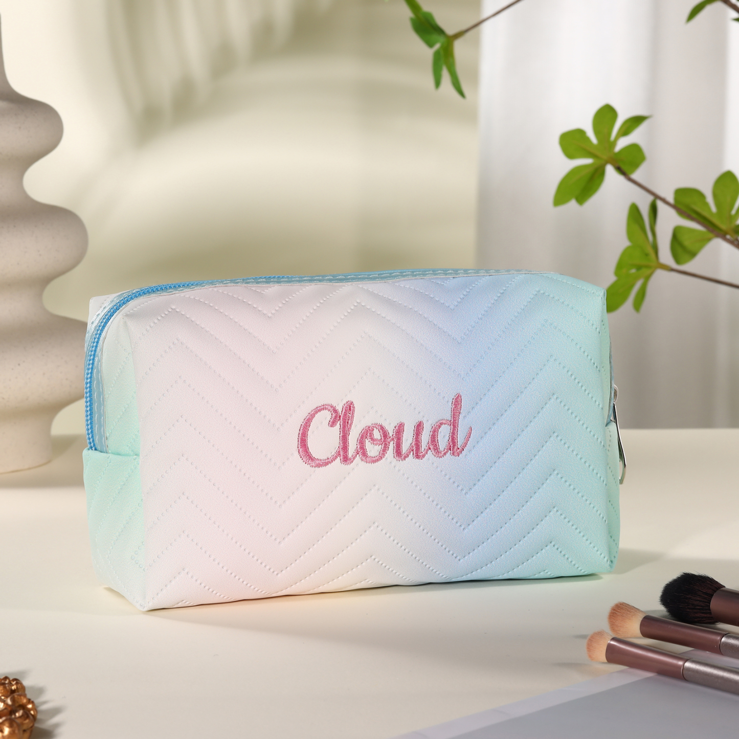 Personalized Embroidered Makeup Bag Teen Girls Small Travel Makeup Bag Zipper Bag Cosmetic Bag Waterproof Cute Rainbow Pink Gradient Makeup Bag