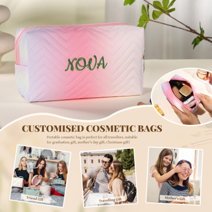 Personalized Embroidered Makeup Bag Teen Girls Small Travel Makeup Bag Zipper Bag Cosmetic Bag Waterproof Cute Rainbow Pink Gradient Makeup Bag