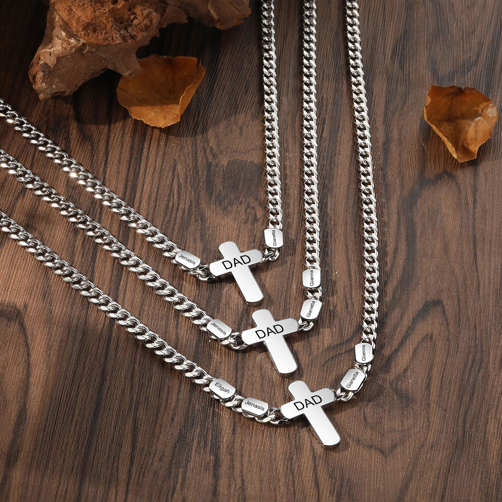 Personalized Steel Cross Necklace Customizable 1 Text and 2 or 3 or 4 NamesGift for Him Gift Necklace for Dad