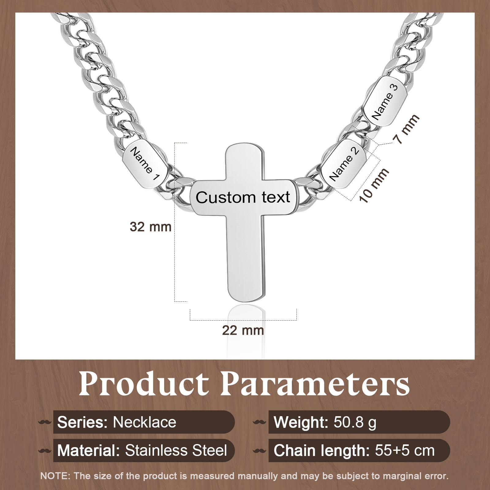 Personalized Steel Cross Necklace Customizable 1 Text and 2 or 3 or 4 NamesGift for Him Gift Necklace for Dad