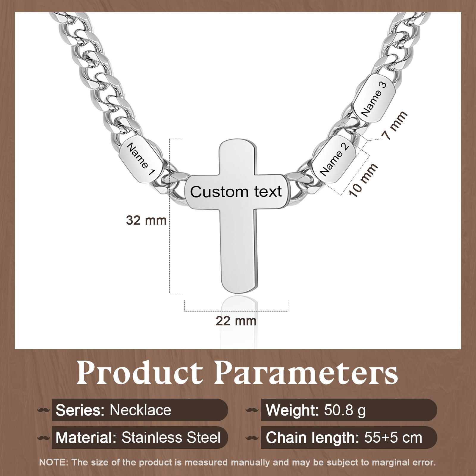 Personalized Steel Cross Necklace Customizable 1 Text and 2 or 3 or 4 NamesGift for Him Gift Necklace for Dad