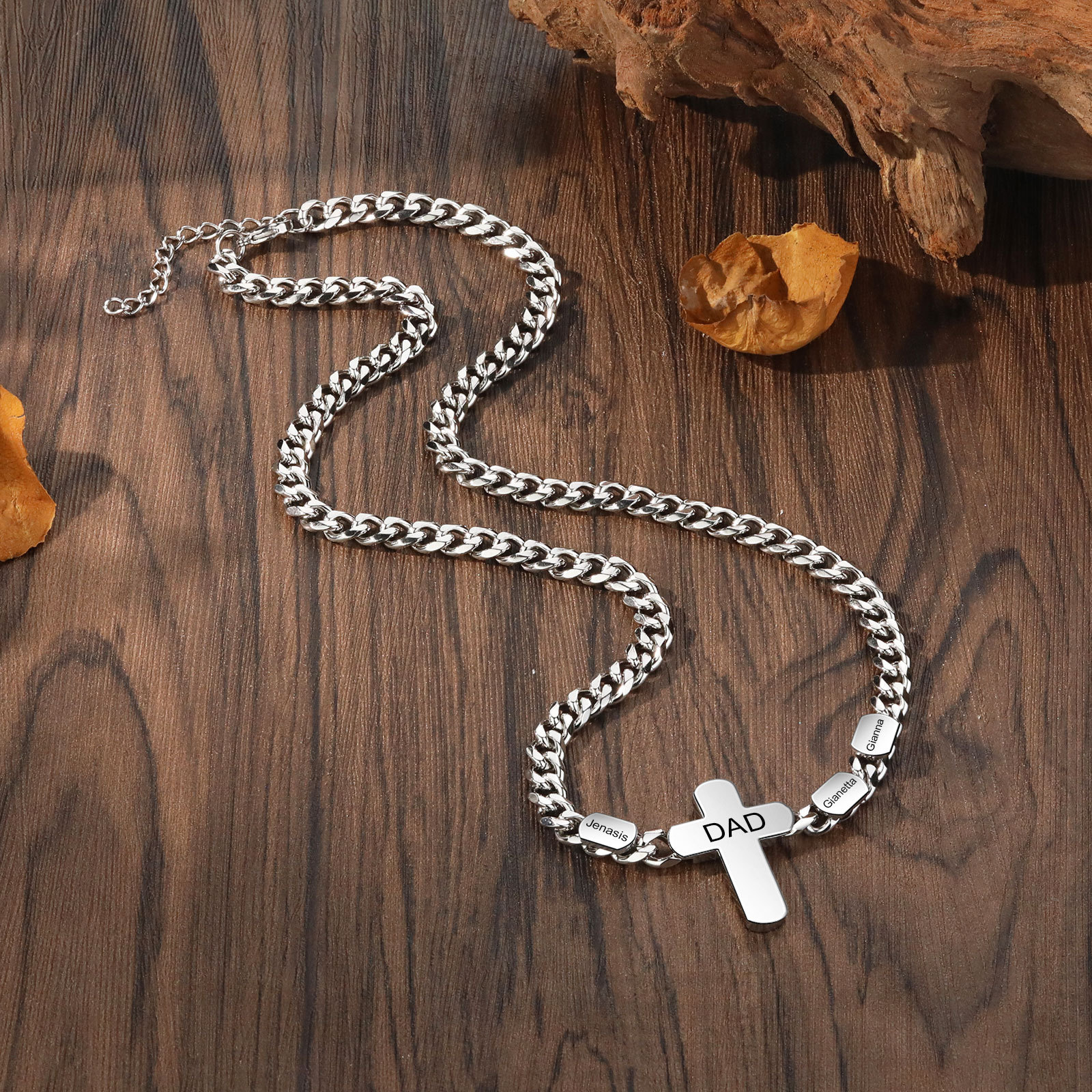 Personalized Steel Cross Necklace Customizable 1 Text and 2 or 3 or 4 NamesGift for Him Gift Necklace for Dad