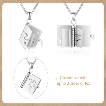 Personalized Steel Petite Book Locket Necklace Custom Message Pendant Charm Perfect Gift for Her