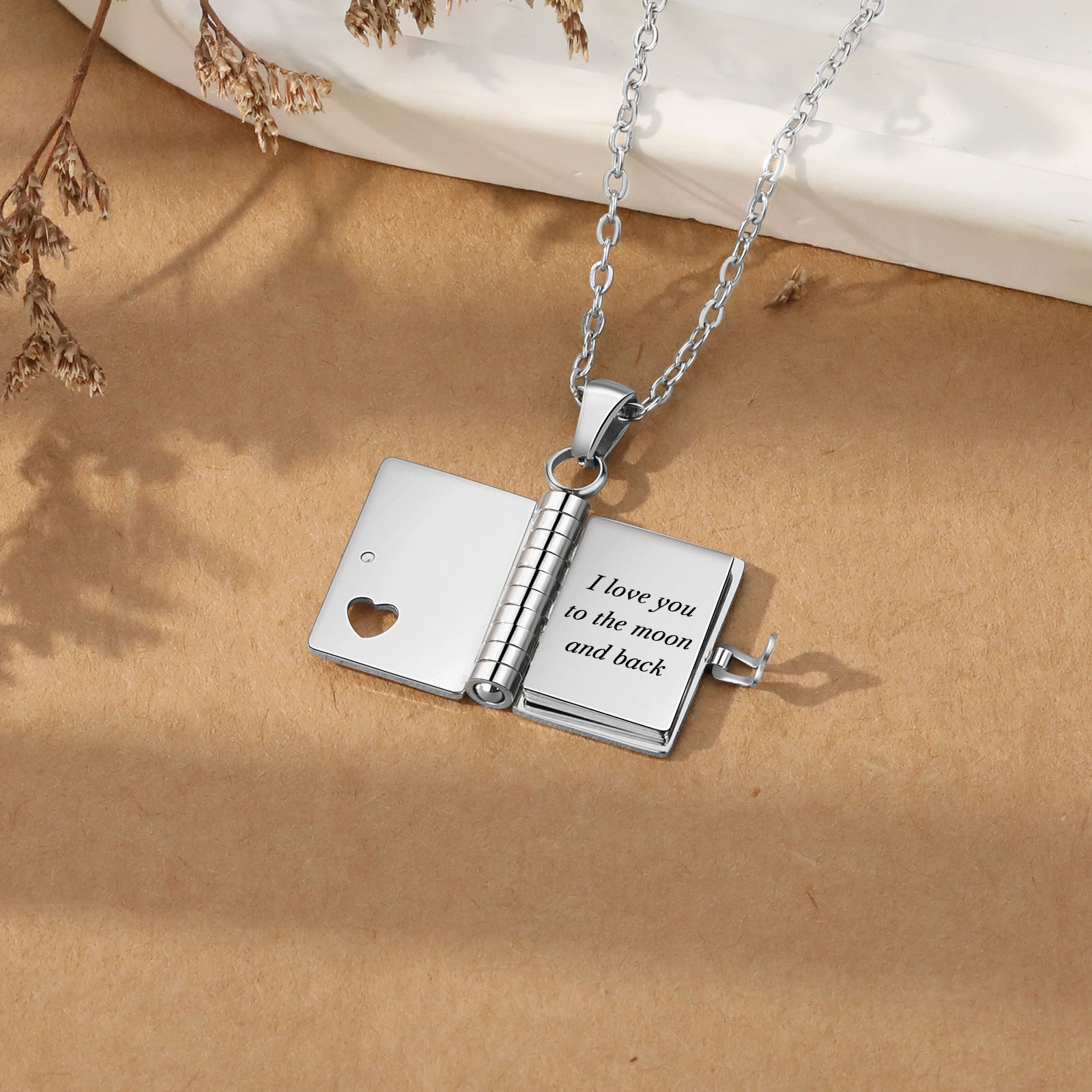 Personalized Steel Petite Book Locket Necklace Custom Message Pendant Charm Perfect Gift for Her
