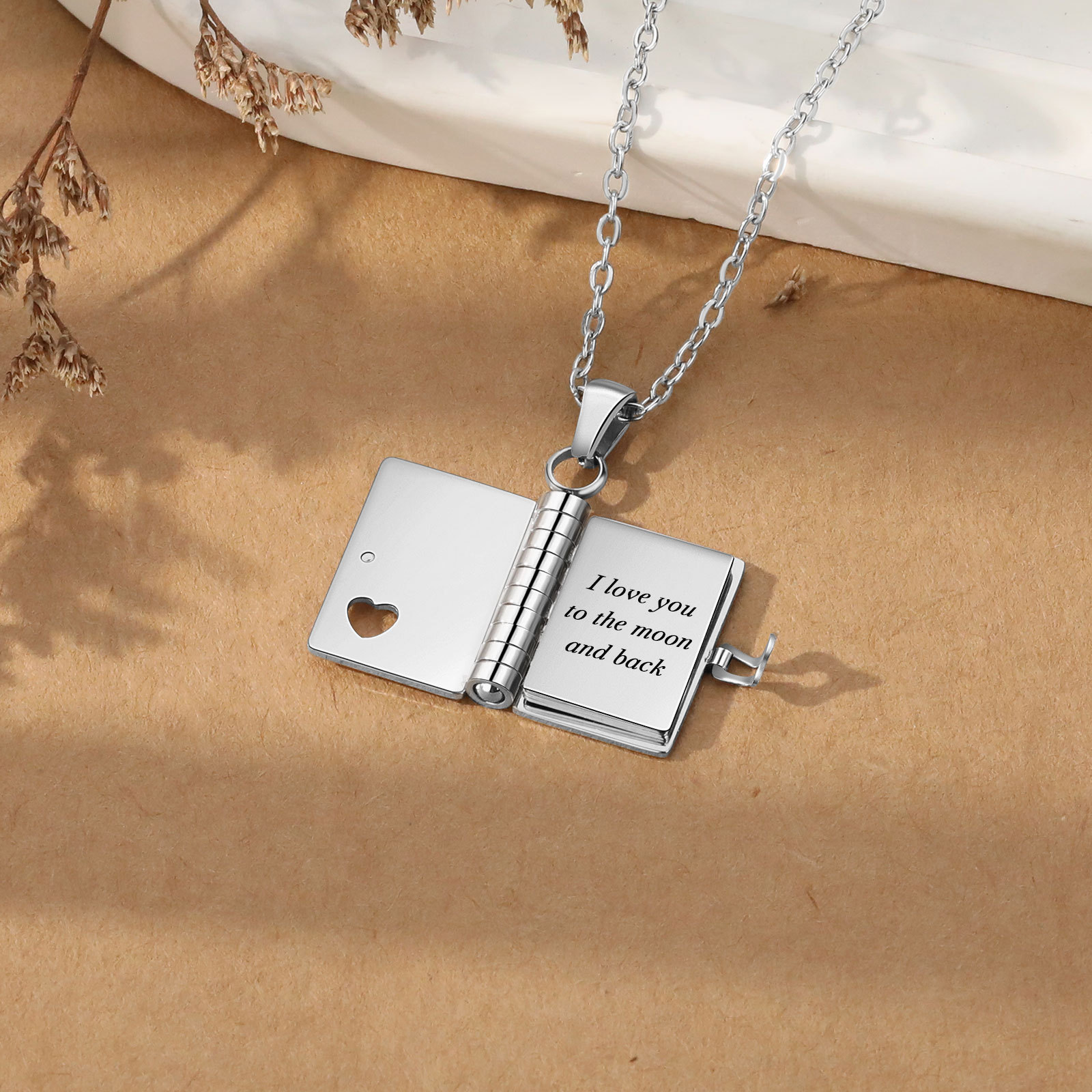 Personalized Steel Petite Book Locket Necklace Custom Message Pendant Charm Perfect Gift for Her