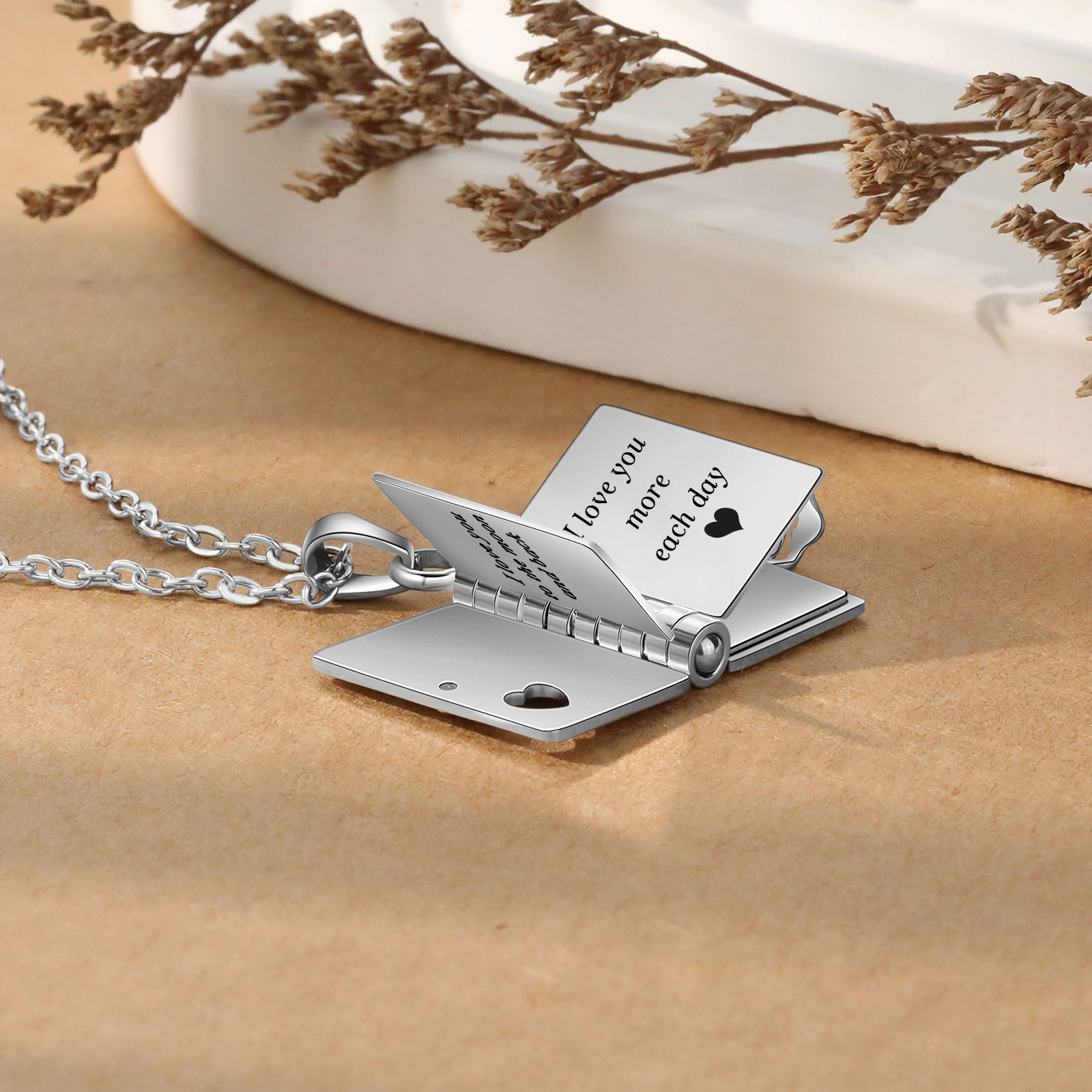 Personalized Steel Petite Book Locket Necklace Custom Message Pendant Charm Perfect Gift for Her