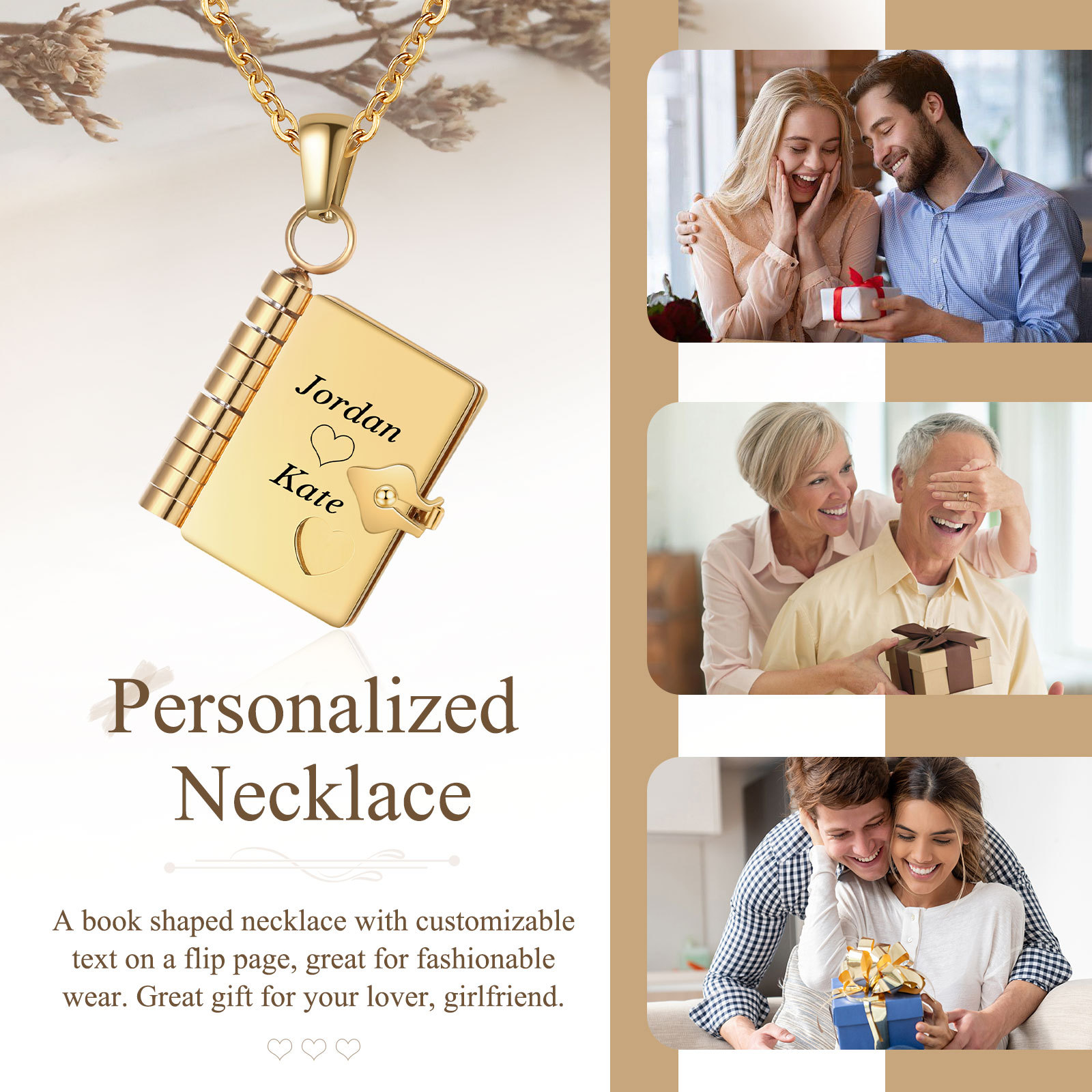 Personalized Steel Petite Book Locket Necklace Custom Message Pendant Charm Perfect Gift for Her