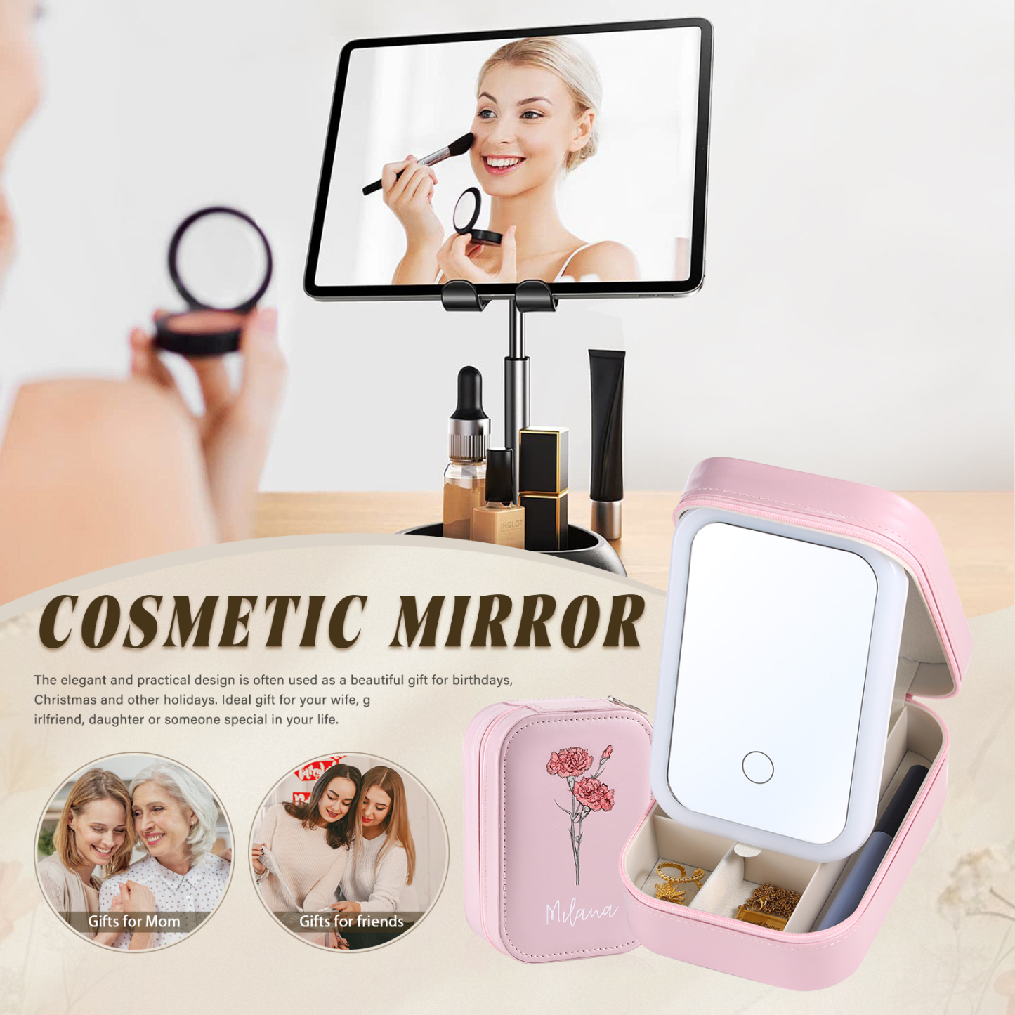 Personalized Birth Flower Portable Leather Jewelry Box with Name and LED Three Color Adjustable Makeup Mirror Travel Essential