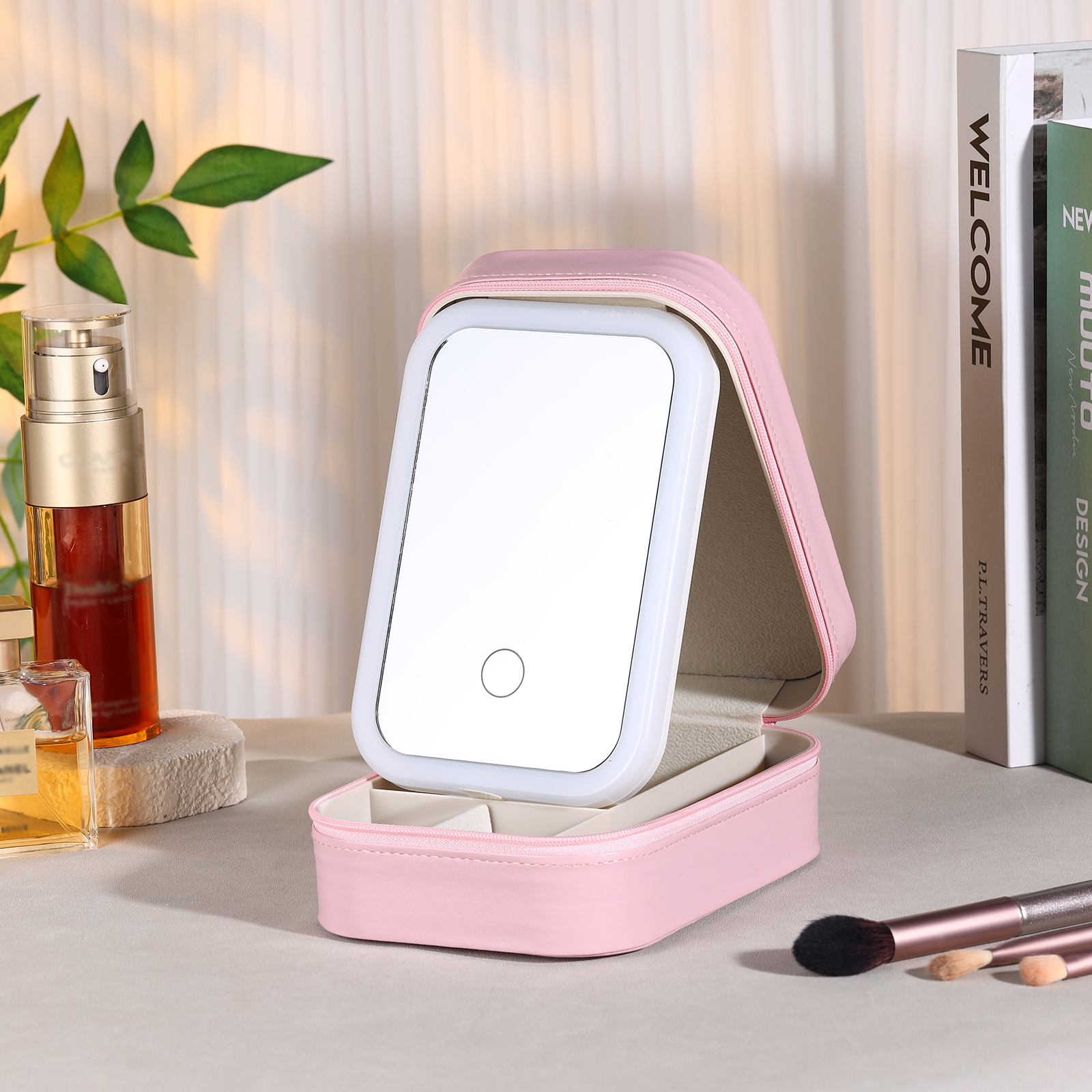 Personalized Birth Flower Portable Leather Jewelry Box with Name and LED Three Color Adjustable Makeup Mirror Travel Essential