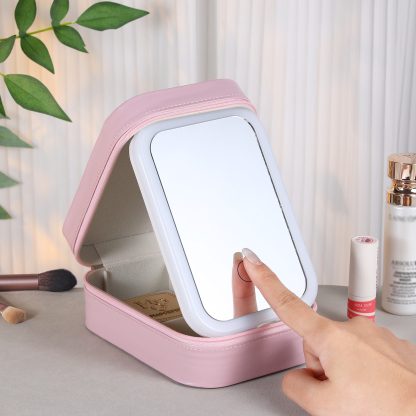 Personalized Birth Flower Portable Leather Jewelry Box with Name and LED Three Color Adjustable Makeup Mirror Travel Essential