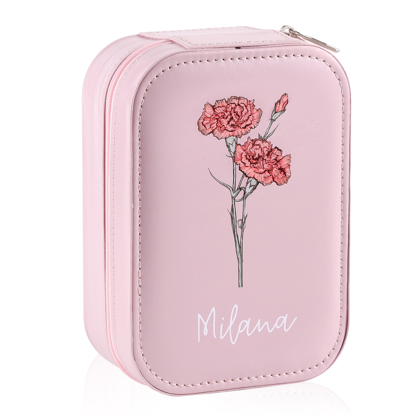 Personalized Birth Flower Portable Leather Jewelry Box with Name and LED Three Color Adjustable Makeup Mirror Travel Essential